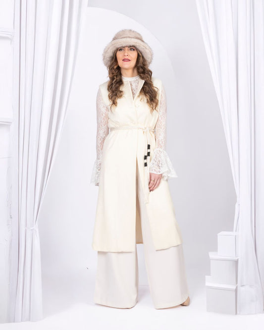 total look 4 pieces: gilet long, pantalon palazzo, pull en dentelle et ceinture